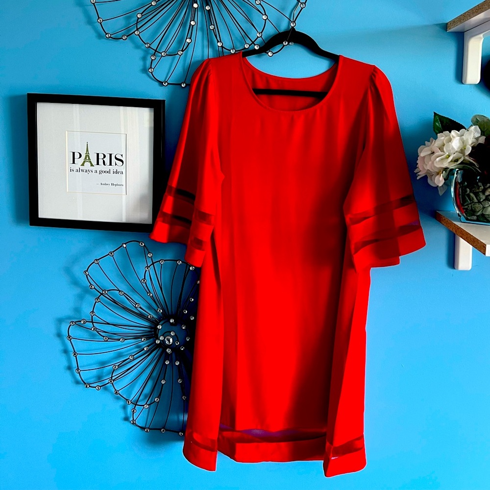 Brand unknown- Red polyester slip on dress. Size medium.